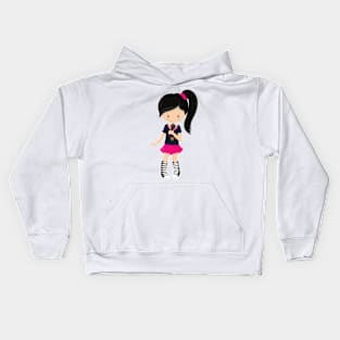 Rock Girl, Black Hair, Microphone, Band Singer Kids Hoodie